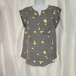 Sweet Rain Lemon Print with Stripes Blouse Top Size M